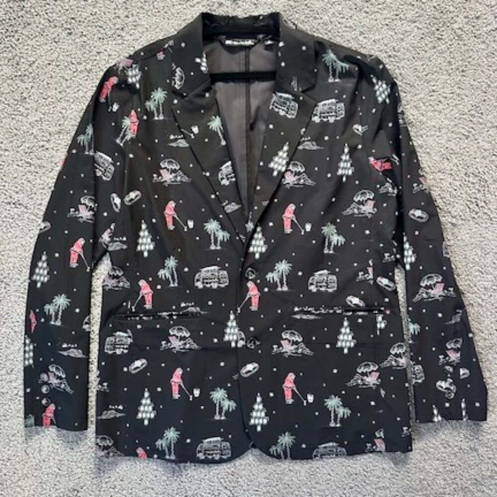 Travis Mathew Christmas blazer in Golfing Santa Design - Size Large - Black NWOT - Picture 1 of 7